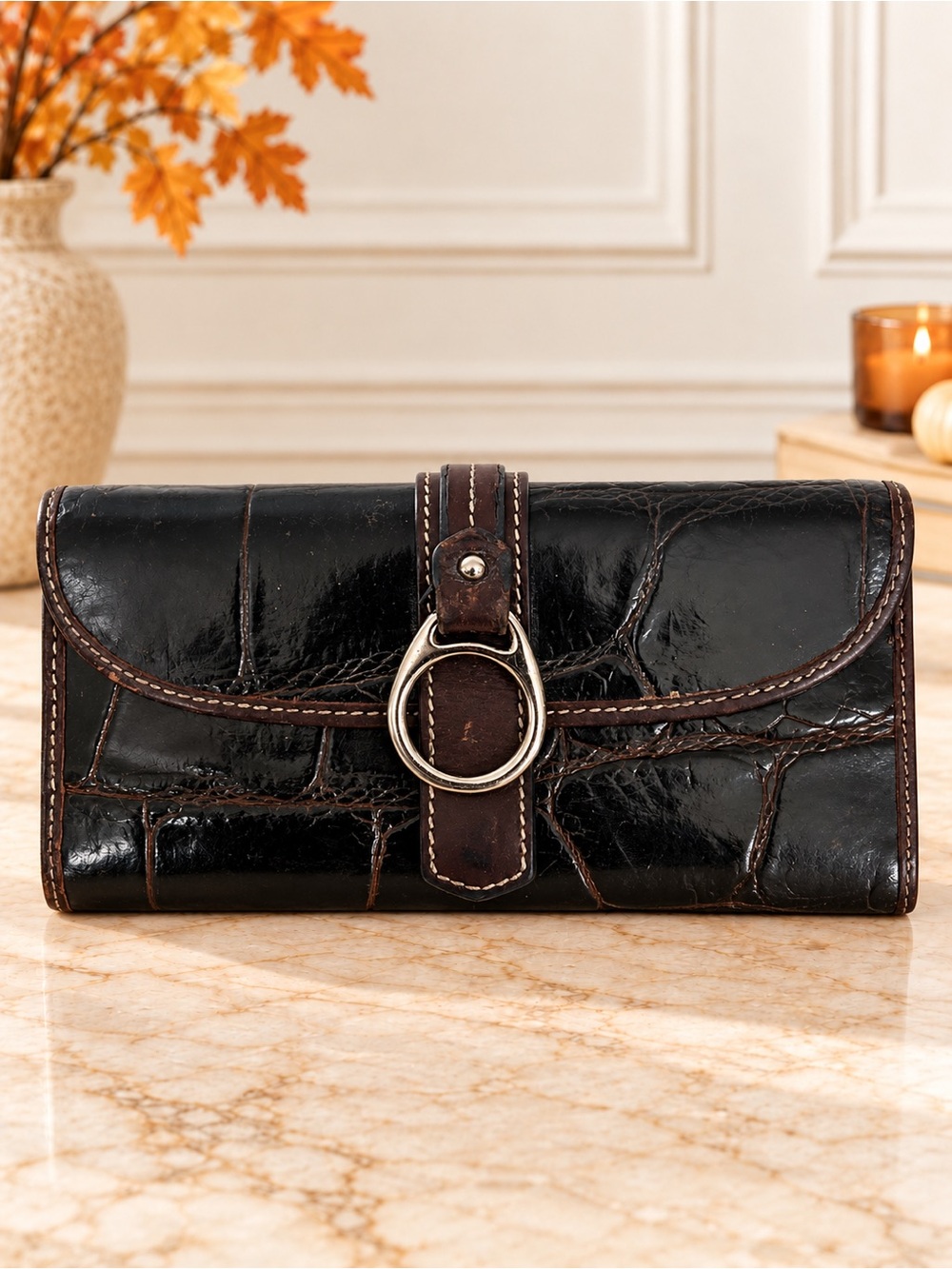 Dooney & Bourke Briwn Croc Embossed Leather Continental Wallet